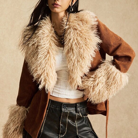 Brown Casual Women's Regular Fit Corduroy Patchwork Jacket - Picture 4 of 8